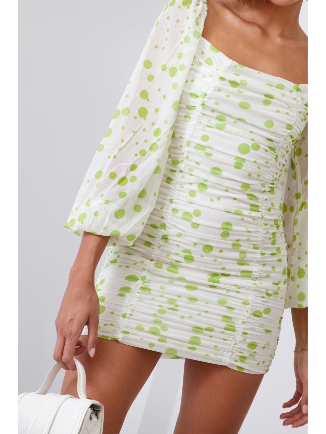 Rochie drapată cu buline, crem și lime 2940 - Magazin online - Boutique